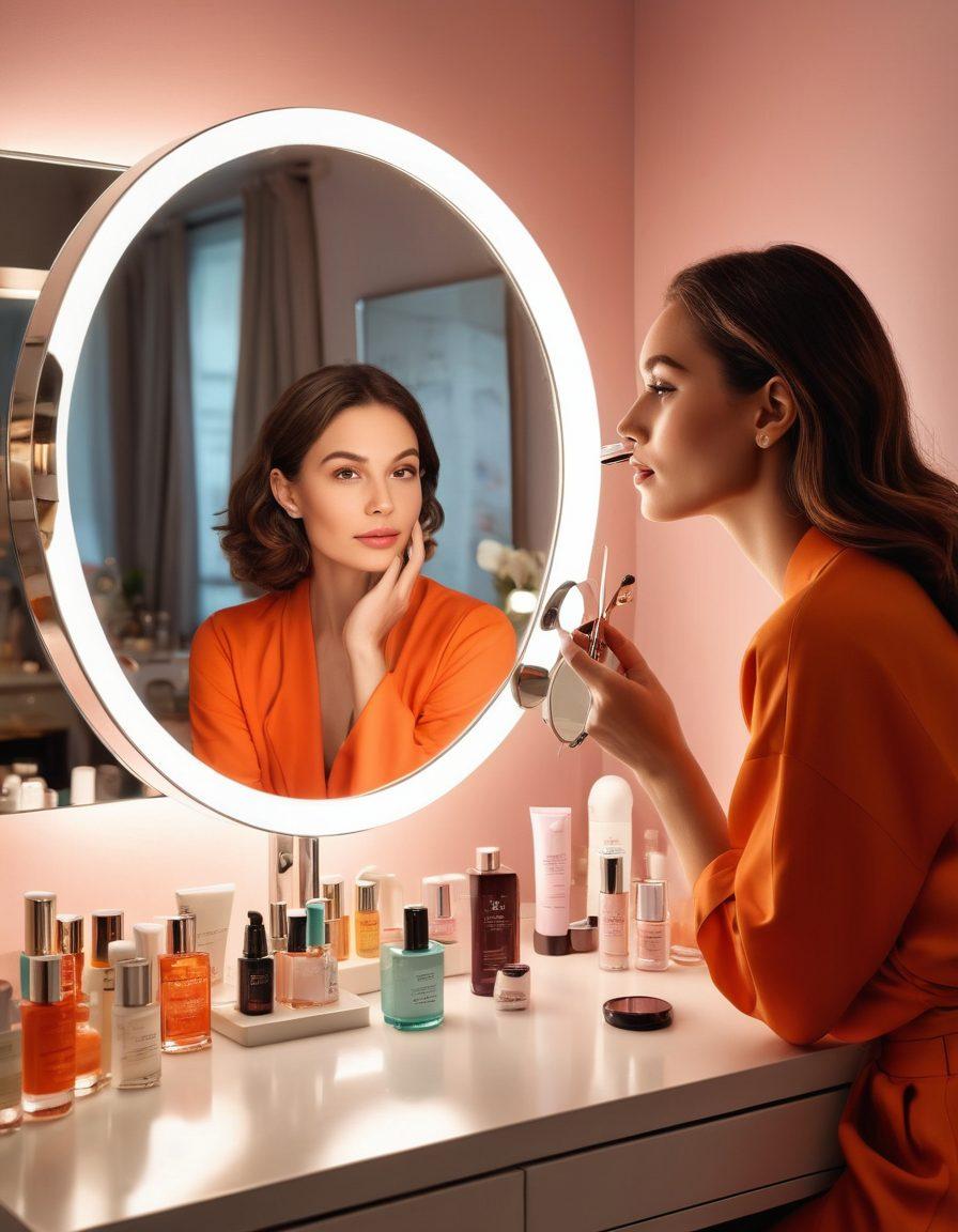 A stylish woman gazing into a magnifying mirror, showcasing radiant skin, surrounded by vibrant beauty products like serums and creams. In the background, a chic wardrobe with trendy outfits and accessories, symbolizing fashion insights. Soft, warm lighting creates an inviting ambiance, highlighting the theme of self-care and beauty innovations. super-realistic. vibrant colors. elegant composition.