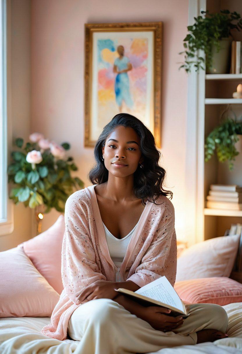 A radiant woman of diverse beauty radiating confidence, surrounded by soft floral accents and warm light. Incorporate elements of self-care such as skincare products, a cozy reading nook, and abstract representations of self-love like hearts and sparkles. The scene conveys a serene, uplifting ambiance, inviting viewers to embrace their unique beauty. pastel colors. soft focus. digital art.