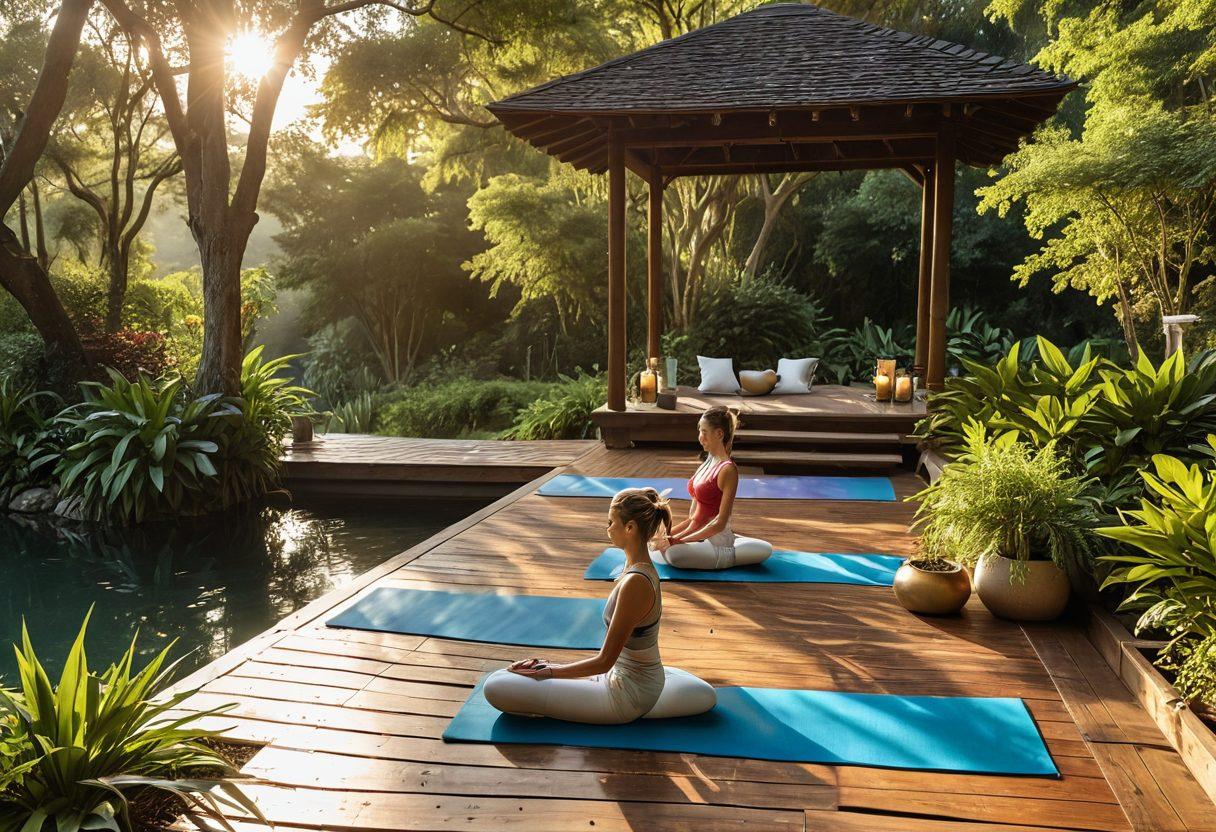 A serene wellness retreat featuring a diverse group of people practicing yoga at sunrise, surrounded by lush greenery and tranquil water features. Incorporate elements like calming herbal teas, fresh fruits, and beauty products displayed artistically. The atmosphere should radiate positivity and transformation, emphasizing holistic well-being from head to toe. super-realistic. vibrant colors. peaceful ambiance.